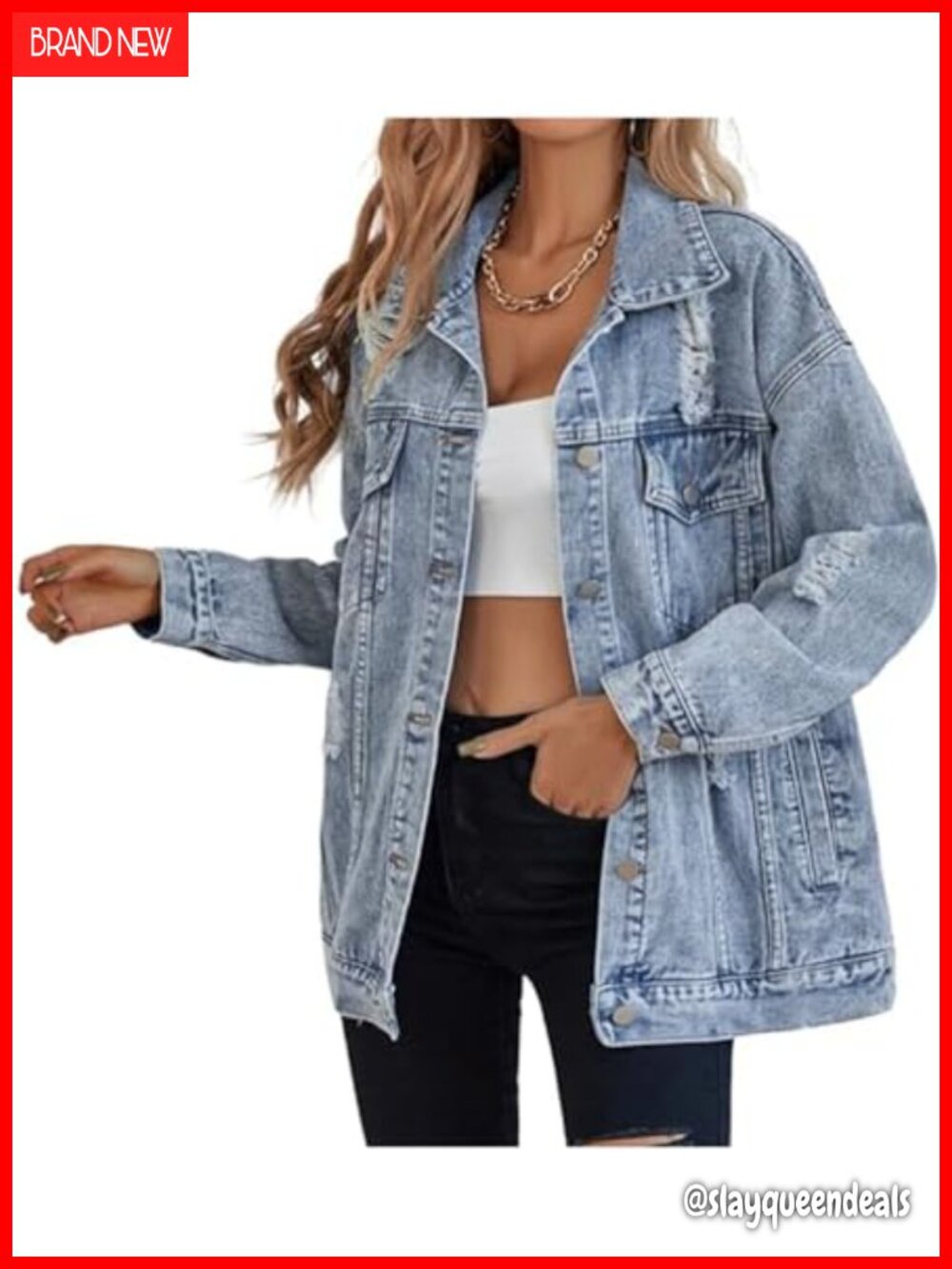 Oversized Distressed Denim Jacket Boyfriend Fit Button Front Pockets